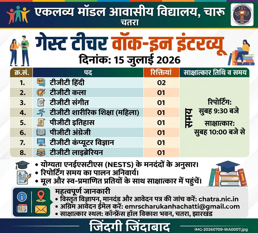 झारखंड के चतरा में एकलव्य मॉडल स्कूल में शिक्षकों की वैकेंसी