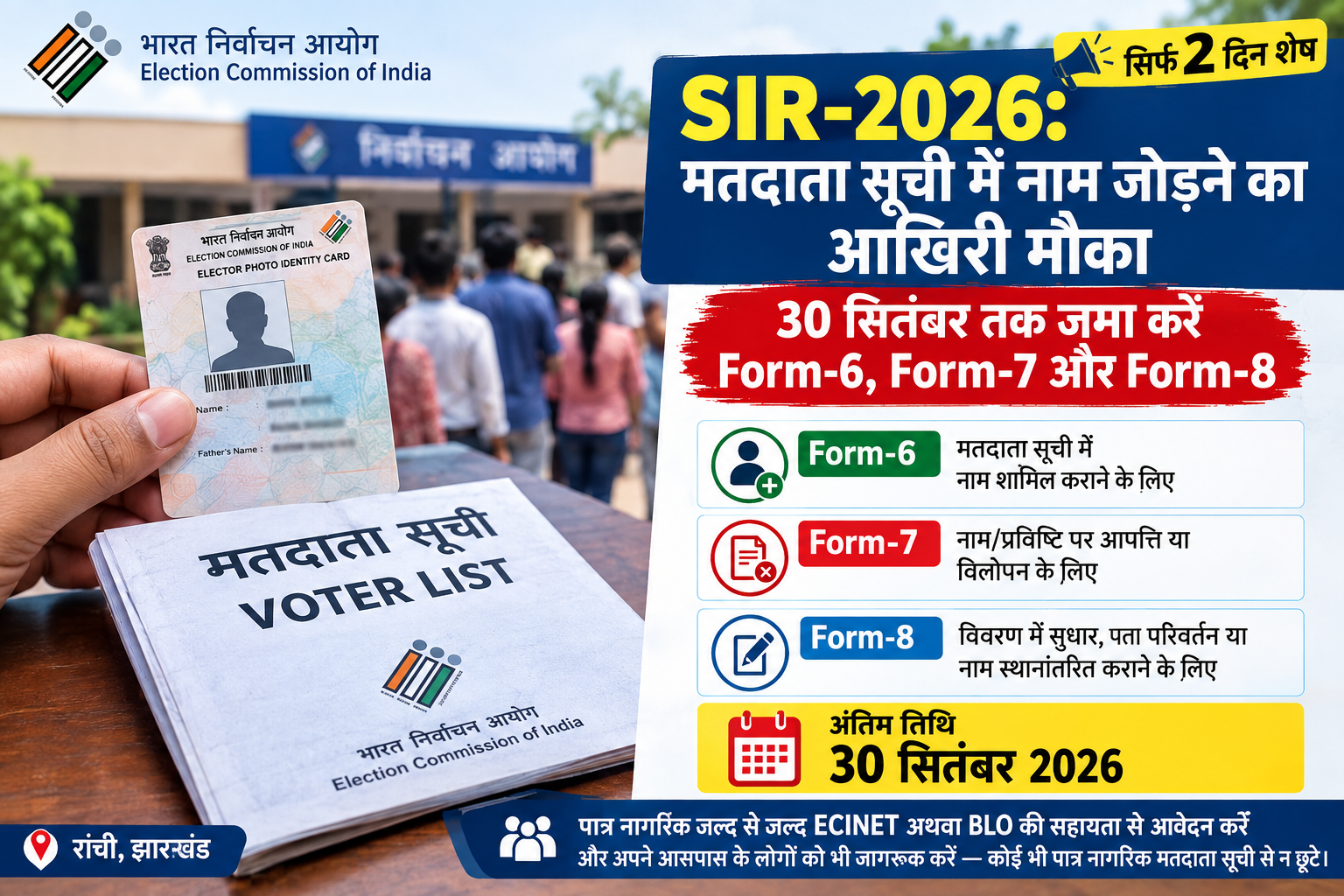 Jharkhand SIR 2026 voter list Form 6 Form 7 Form 8